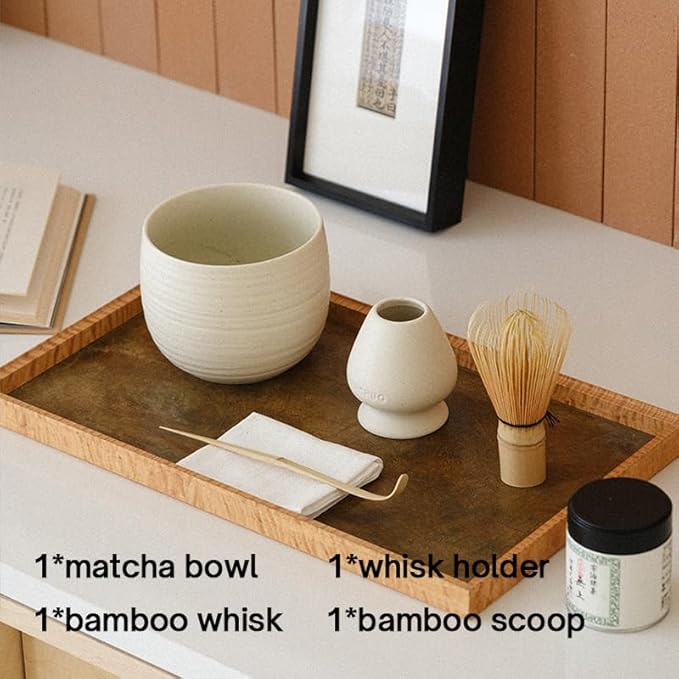 Matcha Whisk Set, Ceramic Matcha Bowl & Whisk Holder, Bamboo Accessory, Modern Design (Matte Crème, Traditional Bowl Design)