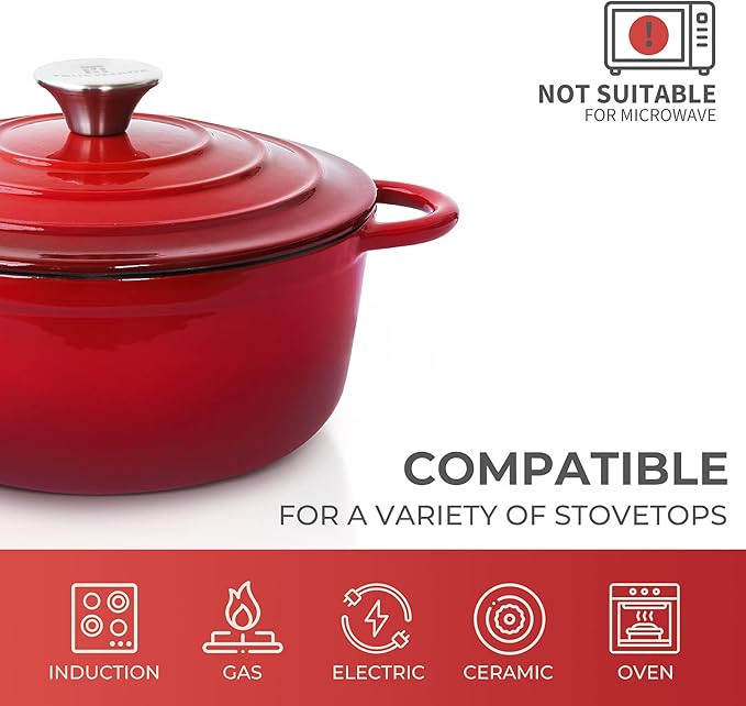 Trustmade 3 QT Cast Iron Dutch Oven, Enamel Coated Cookware Pot with Self Basting Lid for Home Baking, Braiser, Cooking, Red