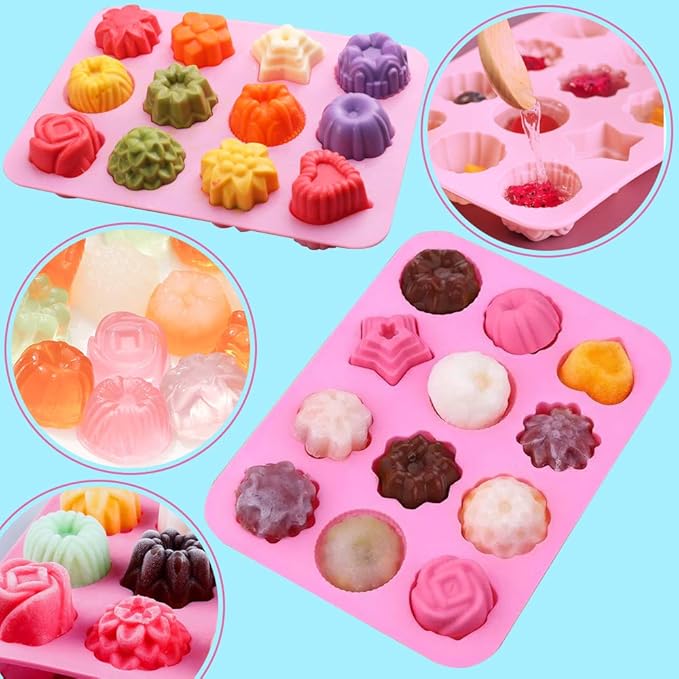Newk Flower Heart Shape Chocolate Silicone Mold, 4 Packs 12 Cavity Candy Baking Mold for Parties, Festival and DIY Crafts - Green, Blue, Pink, Orange
