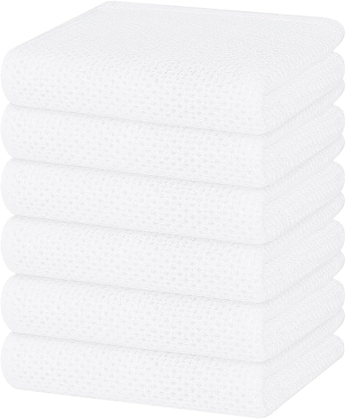 Homaxy 100% Cotton Waffle Weave Kitchen Dish Towels, Ultra Soft Absorbent Quick Drying Cleaning Towel, 13 x 28 Inches, 6-Pack, White