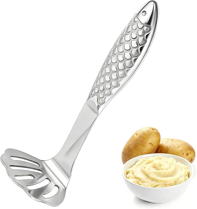 Fish-Shaped Potato Masher & Potato Smasher – Effortless Stainless Steel Potato Ricer with Ergonomic One-Piece Non-Slip Handle, Break-Resistant Masher Kitchen Tool for Potatoes, Avocados, Eggs & More