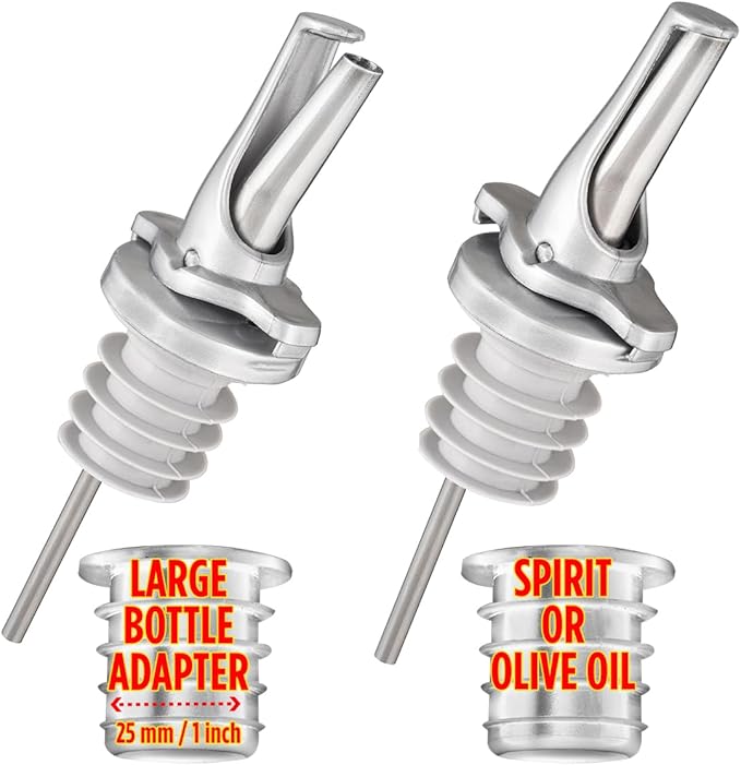 3-in-1 Liquor Bottle Pour Spouts with Built-in Fruit Fly Protection - BPA Free & Dishwasher Safe Hygienic Alcohol Pour Spouts - Also for Olive Oil - Silver 2 Pack with 2 Adapters for Large Bottles