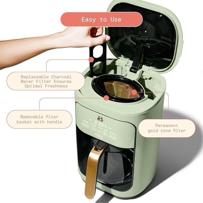 Beautiful by Drew Barrymore 14-Cup Programmable Drip Coffee Maker, Touch-Activated Display, Fast 14-Min Brew, Bold Strength, Keep Warm 4hrs, Gold Filter (Sage Green)