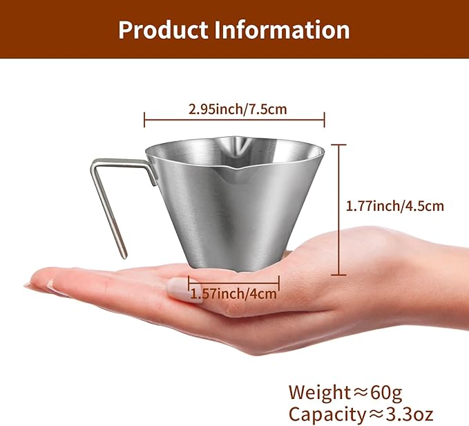 1Pc Stainless Steel Espresso Cups, Double Spout Metal Measuring Cup with Dual Scale, Espresso Shots Cup with Handle, Coffee Bean Weighing (Black), 3.4oz/100ml