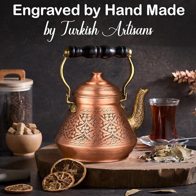 Vintage 100% Solid Pure Copper Turkish TeaPot Tea Kettle Pot for Stovetop Stove Top Traditional Decorative Fancy Arabic Moroccan Party Serving Kitchen Antique Handmade Unique Style Gooseneck Gift