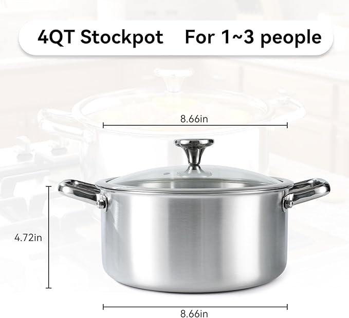 3QT Stock Pot, 316L Stainless Steel Stockpot with Lid, Professional Multi-Use Soup & Pasta Cooking Pot, Oven, Gas and Dishwasher Safe