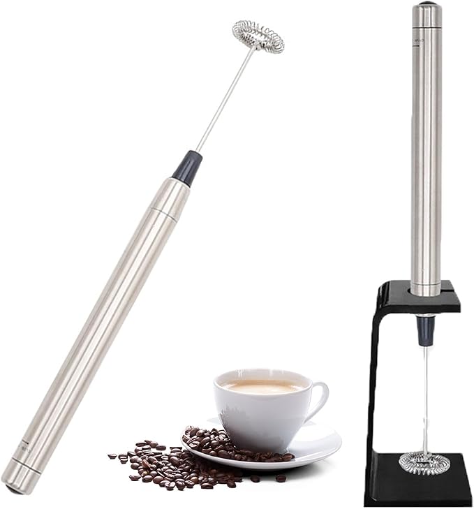 milk frother handheld Battery,Stainless steel housing frother for coffee，stirrers electric With bracket，frother for Matcha, Lattes, Cappuccino Black