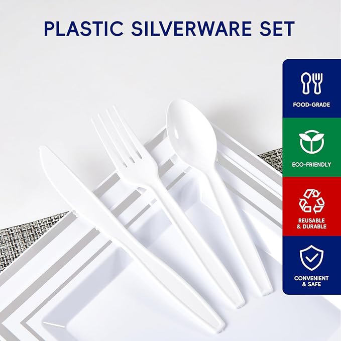 JOLLY CHEF 360 Count White Plastic Silverware Heavy Duty, 180 Forks, 120 Spoons, 60 Knives, Heat ResistantPlastic Utensils Set, Disposable Cutlery set, Premium Clear Utencils for Party, Thanksgiving