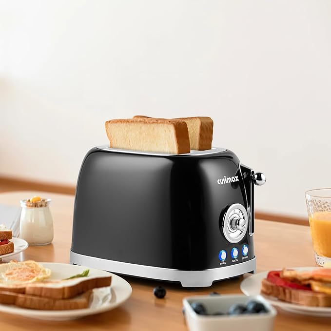 CUSIMAX Toaster 2 Slice with Extra Wide Slots for Bagels, Stainless Steel with 6 Toast Settings and 4 Functions, Bagel, Cancel, Defrost & Reheat, Removable Crumb Tray, Retro Toaster Black