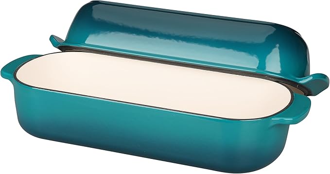 Enameled Cast Iron Loaf Pan with Lid, Dutch Oven Bread pan for Homemade Sourdough Bread Baking, 12.5x5.5 inch, 5qt, Darkcyan
