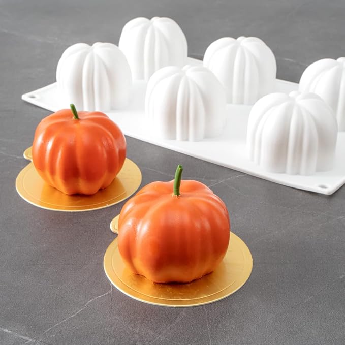 Restaurantware-Pastry Tek 6 Cavities Pumpkin Cake Mold, 1 Oven-Ready 3D Pumpkin Mold - Flexible, Freezable, White Silicone Baking Mold, Easy Release, For Baking Treats