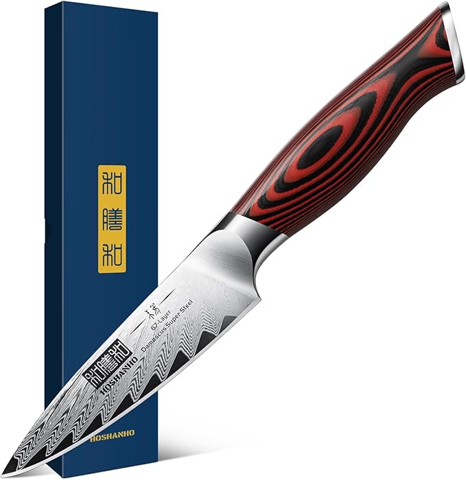 HOSHANHO Paring Knife 3.75 Inch Small Kitchen Knife, Super Sharp Damascus Steel Fruit Knife, Multifunctional Peeling Knife for Cutting Fruit Vegetables