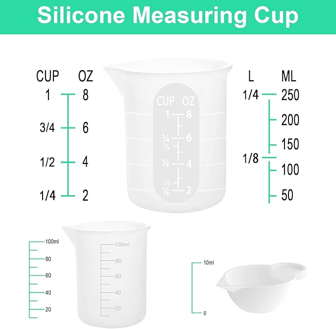 7 PCS Silicone Measuring Cups Kits,1 PCS 250ml Silicone Cups,4 PCS 100ml Non-Stick Mixing Cups,2 PCS 10ml Silicone Mold Cup Dispenser, for Casting Moulds,Jewelry Making,DIY,Crafts