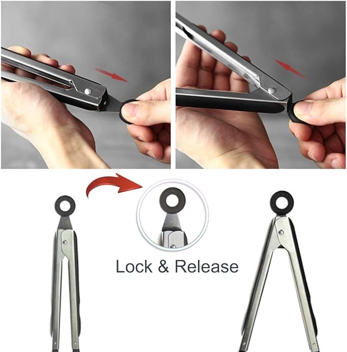 12 Inch Stainless Steel Silicone Serving Tongs with Locking Handle (Black)