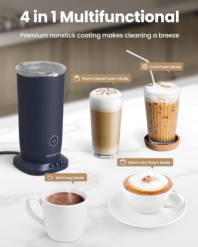 SIMPLETASTE Milk Frother, 4-in-1 Electric Milk Frother and Steamer, Automatic Warm and Cold Foam Maker and Milk Warmer for Latte, Cappuccinos, Macchiato, Dark Blue