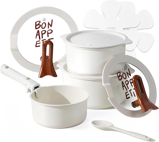 CAROTE Ceramic Sauce Pan Sets with Stand-Up Lid 2QT, 3QT & 4QT, 11 Piece NonStick Kitchen Cookware Sets with Detachable Handle, Non Toxic Cooking Pot, Oven Safe, Induction Ready, Cream White