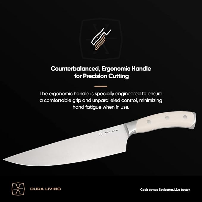 DURA LIVING 8-Inch Chef Knife – Ultra-Sharp German High Carbon Stainless Steel, Full Tang, Ergonomic Handle, Multipurpose Kitchen Knife for Chopping, Slicing, and Dicing, Cream