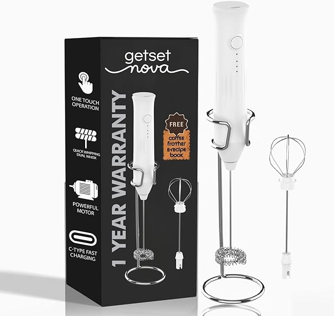 Milk Frother for Coffee, Rechargeable Electric Handheld Frother Wand with Dual Whisk, 3 Speed Settings, Fast Recharge, Powerful Motor, Handheld Mixer Electric with Stand