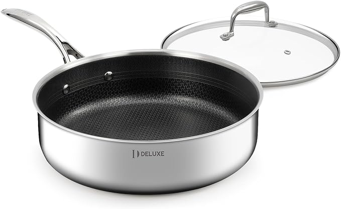 DELUXE Hybrid Ceramic Nonstick 5 Qt Deep Sauté Pan with Lid, Stainless Steel Skillet with Stay-Cool Handles, Dishwasher and Oven-Safe, PFOA Free Deep Frying Pan, Compatible with All Cooktops