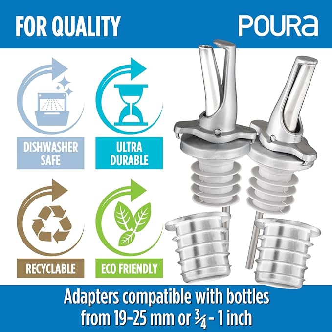 3-in-1 Liquor Bottle Pour Spouts with Built-in Fruit Fly Protection - BPA Free & Dishwasher Safe Hygienic Alcohol Pour Spouts - Also for Olive Oil - Silver 2 Pack with 2 Adapters for Large Bottles