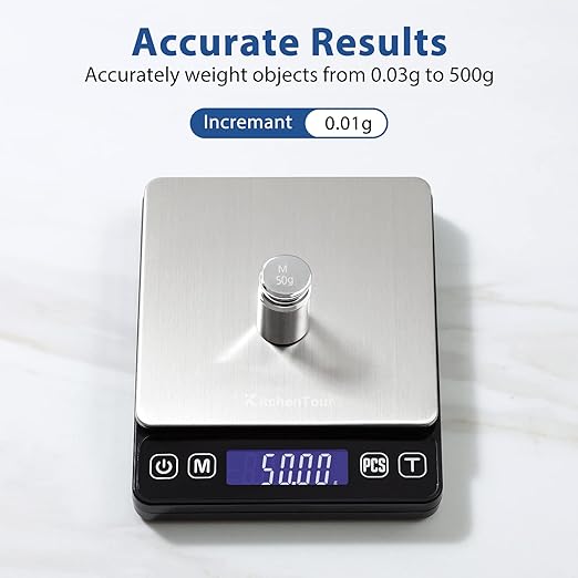 KitchenTour Digital Kitchen Scale - 500g/0.01g High Accuracy Precision Multifunction Food Meat Scale Small Scale Jewelry Lab Carat Powder Scale with Back-Lit LCD Display(Batteries Included)