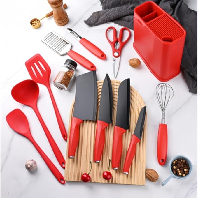 12-Piece Silicone Kitchen Utensil Set with Stainless Steel Knives – Heat-Resistant Spatula, Spoon, Peeler, Non-Scratch Cooking Tools for Baking, Frying & Grilling (Khaki)