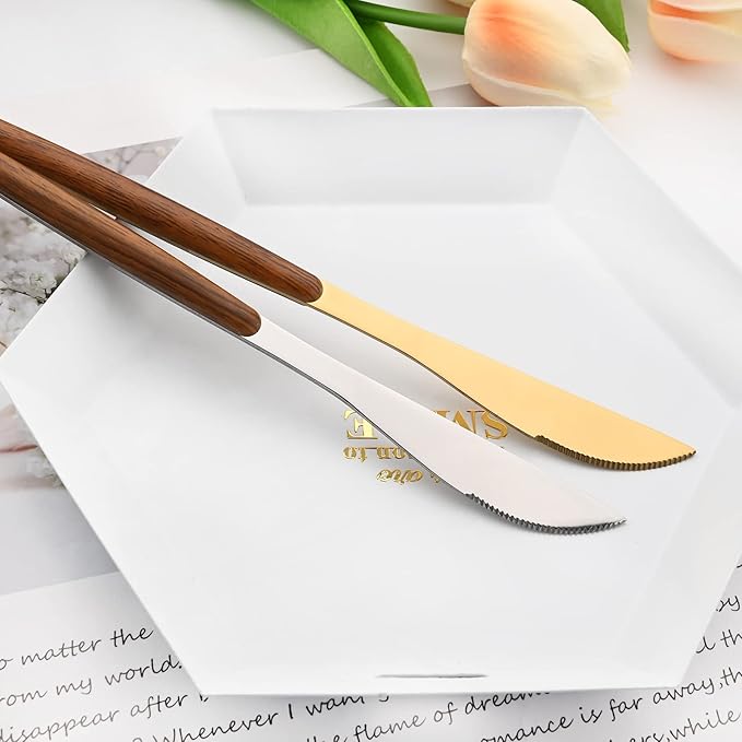 20 Piece (4 Set) Wood Handle Silverware Set, Retro 18/0 Stainless Steel Cutlery Set, Kitchen Utensils Include Knife Fork Spoon, Mirror Polish, Gold