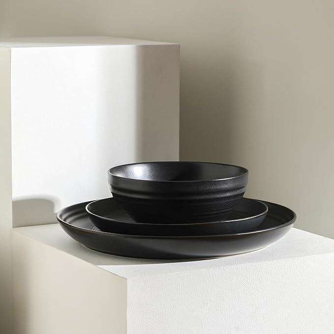 Stone Lain Elio 24-Piece Dinnerware Set Stoneware, Plates and Bowls Set, Dish Set for 8, Black
