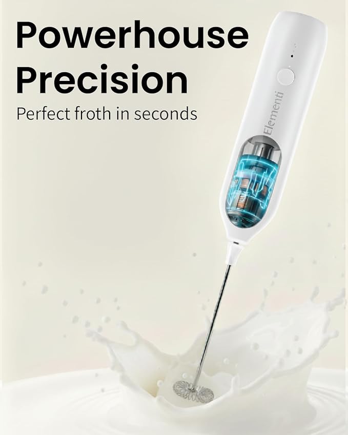 Elementi Milk Frother Rechargeable Drink Mixer Wand - Powerful USB-C Rechargeable Frother & Coffee Mixer Wand - Hand Held Milk Foamer Whisk to Make Perfect Cappuccinos, Lattes & Drink Mixes (White)