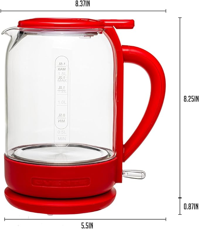 OVENTE Electric Kettle with 1.5L Borosilicate Glass, 1500W Fast Boiling Water Heater for Coffee or Tea, Easy to Fill Lid, Auto Shut-Off, Boil-Dry Protection & Stainless Steel Filter, Red KG516R