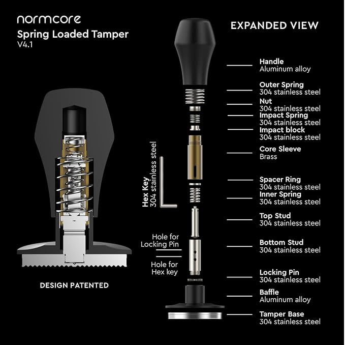 Normcore 58.5mm Coffee Tamper V4.1, Espresso Spring Loaded Tamper With Titanium PVD Coating Flat Base, 15lb / 25lb / 30lbs Replacement Springs, Colorful Wood Handle
