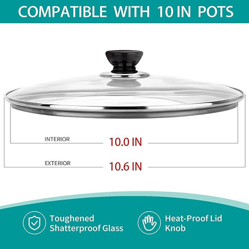 10 Inch Pan Lid, Universal Replacement Pot Lid for Frying Pans, Cast Iron Skillets, Tempered Glass Pan Cover with Steam Vent