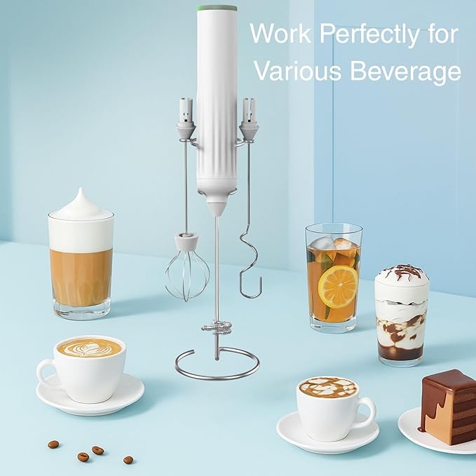 Milk Frother Handheld with 3 Stainless Steel Whisks, Rechargeable Electric Drink Mixer with Stand & Travel Case, Milk Foamer for Coffee, Latte, Cappuccino, Hot Chocolate, Egg,Jam Supplement-White