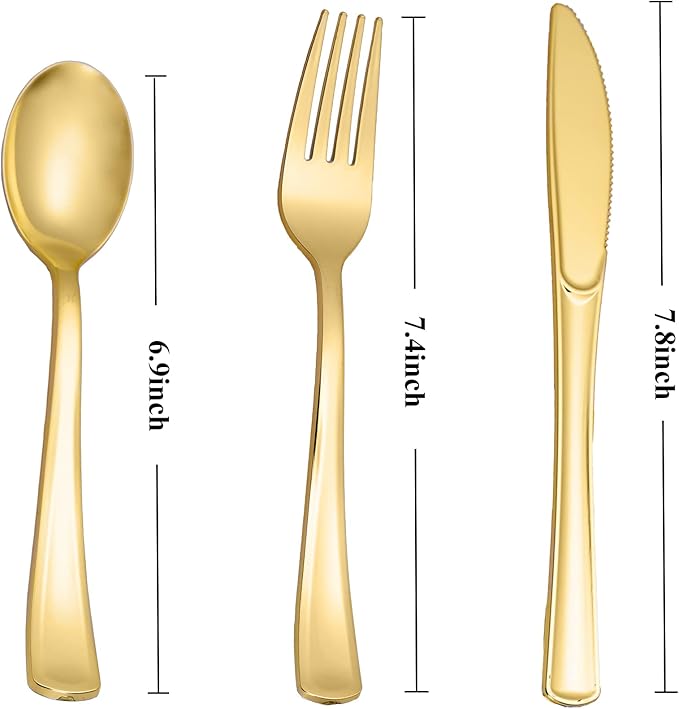 N9R 200PCS Gold Plastic Silverware Set, Heavy Duty Spoons and Forks Silver Plastic Cutlery Including 100pcs Forks, 50pcs Spoons, 50pcs Knives, Disposable Silverware for Party,Wedding, and Everyday Use