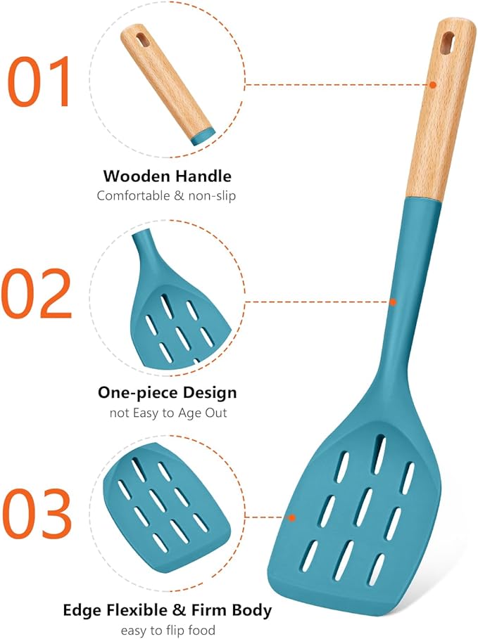 Pack of 2 Silicone Spatula, Non Stick Cooking Utensil Set Wooden Handle Kitchen Turner for Baking Mixing Grilling Serving Food Heat Resistant Non Scratch Hooks Included (Blue)