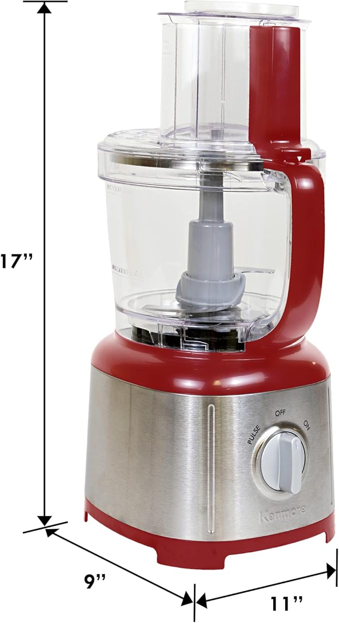 Kenmore 11 Cup Food Processor - Vegetable & Fruit Salad Cutter, Multifunctional, 500 W, Chopper, Clicer, Mincer, Puree, Grater, Blades, Shredder, Compact Stainless Steel Kitchen Appliances, Red