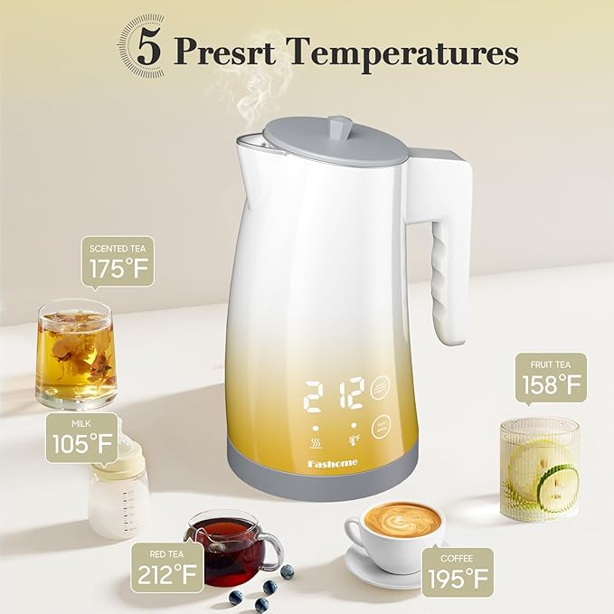 Electric Kettle with 5-Temperature Control,1.25L Cordless,Penguin Shape Design,1200W with Keep Warm and Auto Shut-Off,Perfect for Tea,Coffee & Themed Kitchen(Yellow Gradient)