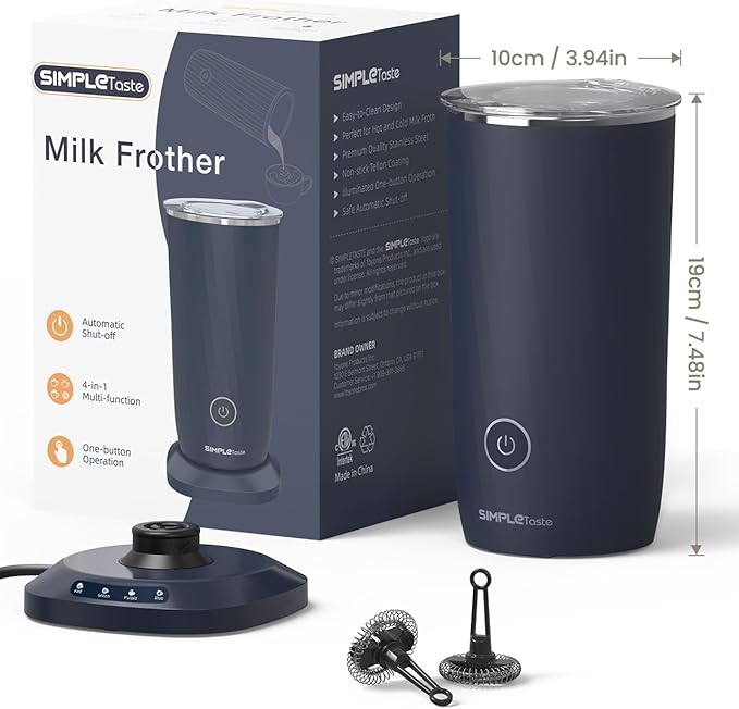 SIMPLETASTE Milk Frother, 4-in-1 Electric Milk Frother and Steamer, Automatic Warm and Cold Foam Maker and Milk Warmer for Latte, Cappuccinos, Macchiato, Dark Blue