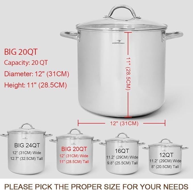 HOMICHEF Commercial Grade LARGE STOCK POT 20 Quart With Lid - Nickel Free Stainless Steel Cookware - Healthy Polished Stockpots - Heavy Duty Induction Soup Pot