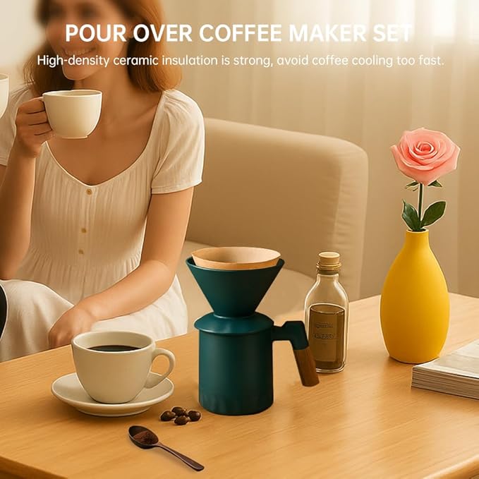 Pour Over Coffee Maker Set, Ceramic Pour Over Coffee Dripper 15.5oz/450 ml with 25 Pcs V60 Paper Filter, Coffee Pour Over Set for Camping, Green