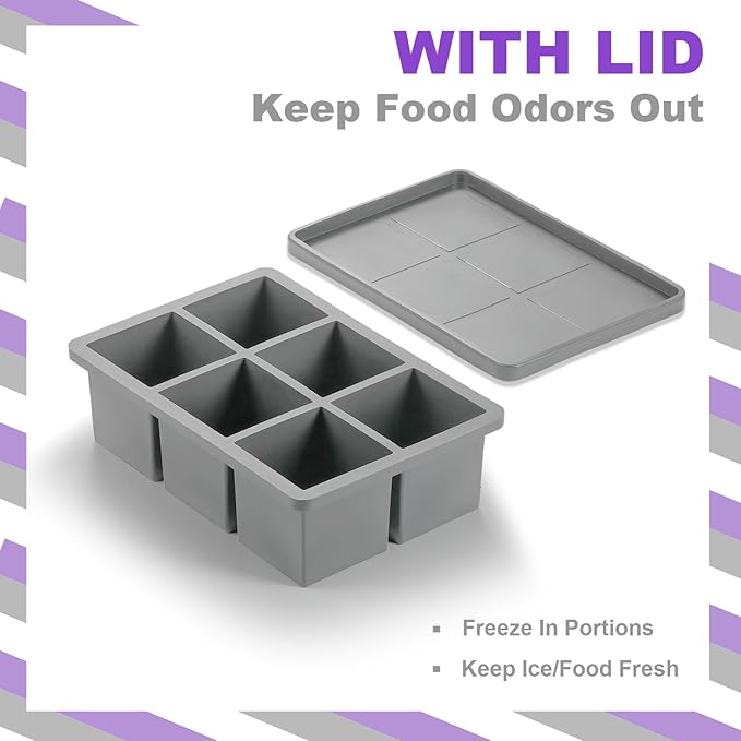 Nax Caki 3 Pack Silicone Large Ice Cube Tray with Lid, Stackable Big Silicone Square Ice Cube Mold for Whiskey Cocktails Bourbon Soups Frozen Treats, BPA Free-3 Color