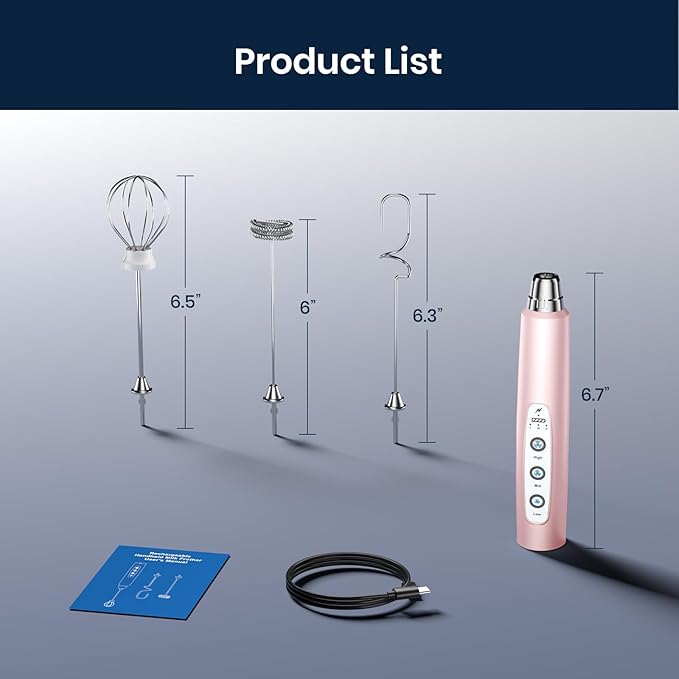 Milk Frother Rechargeable Handheld - Electric Whisk 3 Speed Adjustable, Coffee Frother Wand with 3 Stainless Whisks, Electric Foam Maker, Drink Mixer Blender for Latte Cappuccino Matcha Egg