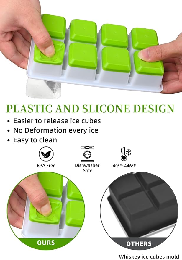 2 INCH Ice Cube Tray with Lid & Bin,Square Large Ice Cube Molds | ice trays for freezer with lid and bin, Silicone Base & Stackable Design, Whiskey Ice Cubes Mold for Coffe,Cocktail,Whiskey