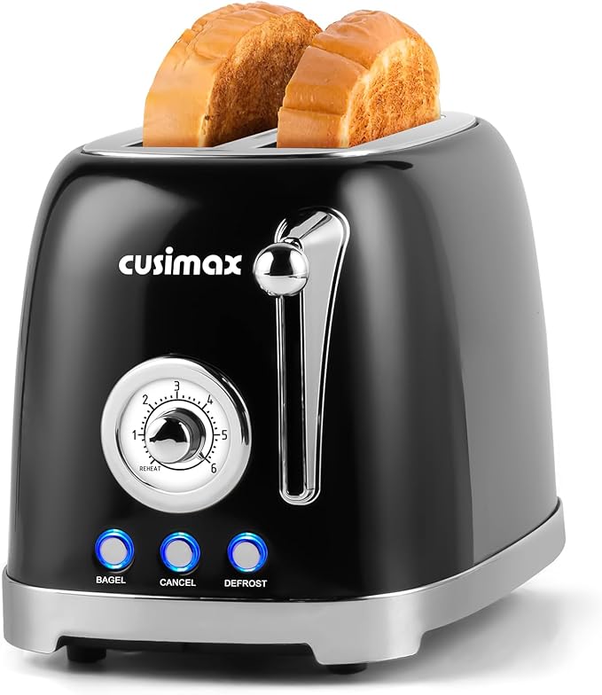 CUSIMAX Toaster 2 Slice with Extra Wide Slots for Bagels, Stainless Steel with 6 Toast Settings and 4 Functions, Bagel, Cancel, Defrost & Reheat, Removable Crumb Tray, Retro Toaster Black