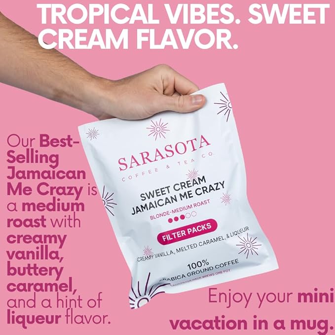 Ground Flavored Coffee In Filter Packs | Sweet Cream Jamaican Me Crazy | Medium Roast Low Acid Mold Free Pouches | Highest Rated Gourmet Bulk Individual Premeasured Packets for 10-12 Cup Drip Maker
