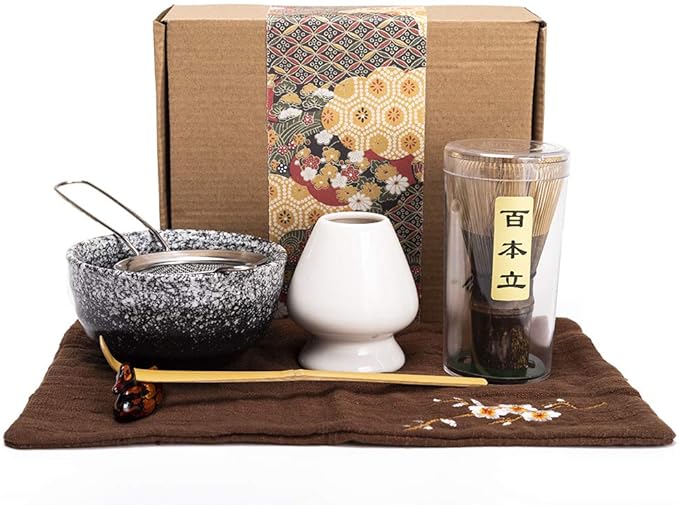 Bamboo Matcha Tea Whisk Set (Chasen) Matcha Bowl (Chawan) Bamboo Scoop (Chashaku) Ceramic Whisk Holder Handmade Matcha Ceremony Starter Kit For Traditional Japanese Tea Ceremony (7 Pcs).