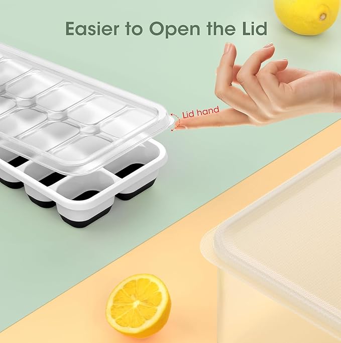 DOQAUS Ice Cube Tray with Lid and Bin, 4 Pack Silicone Plastic Ice Cubes Trays for Freezer with Box/Container, Stackable with Storage Iced Bucket Kits, Scoop, for RV, Soup, Food, Cocktail, Coffee