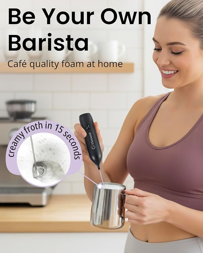 Elementi Milk Frother Rechargeable Drink Mixer Wand - Powerful USB-C Rechargeable Frother & Coffee Mixer Wand - Hand Held Milk Foamer Whisk to Make Perfect Cappuccinos, Lattes & Drink Mixes (White)