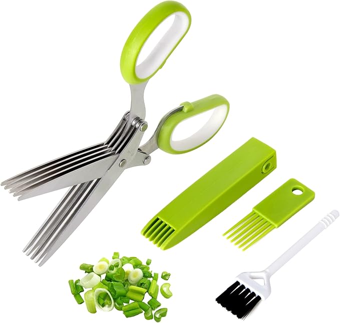 Styleonme Scissors Herb, Sharp Heavy Scissors for Cutting, Chopping and Cooking Fresh Garden Herbs, 5 Stainless Steel Blades and Covers, Vanilla Cutter Chopper Kitchen Gadgets