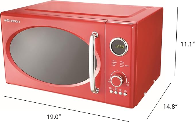 Emerson MWRG0901RD Retro Compact Countertop 800W Microwave Oven with 1,000W Grill Function, LED Display 5 Power Levels, 8 Auto Menus, Glass Turntable and Child Safe Lock, 0.9 Cu. Ft, Red